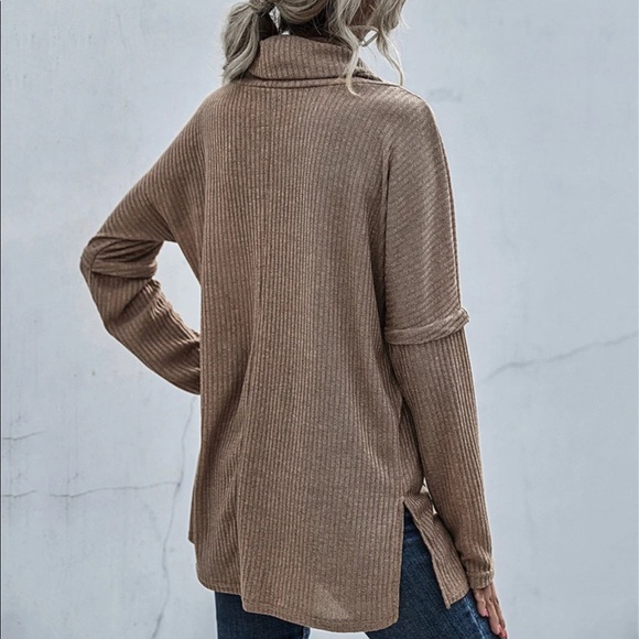 Waffle knit turtleneck sweater side split gray - Picture 4 of 6